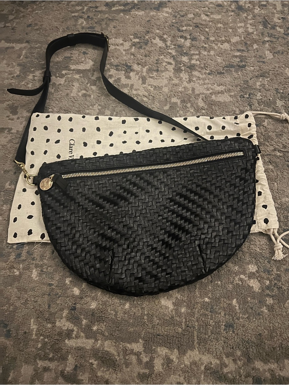 Clare V Black Woven Leather Half-Moon Crossbody with Gold Zip